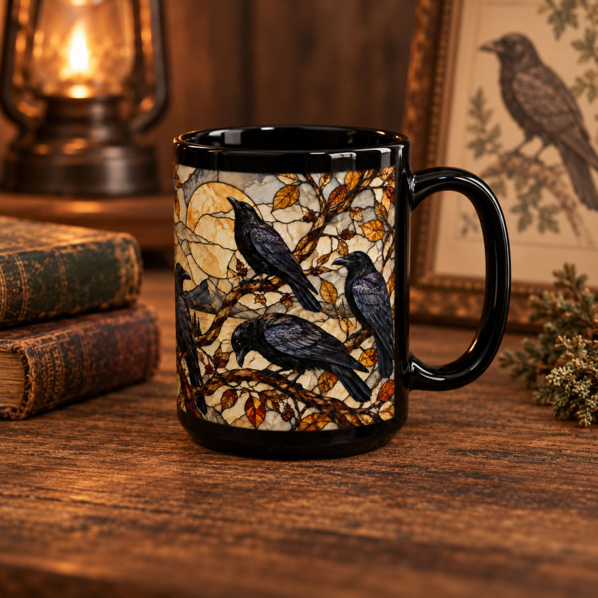 Crows Faux Stained Glass 15 Ounce Mug