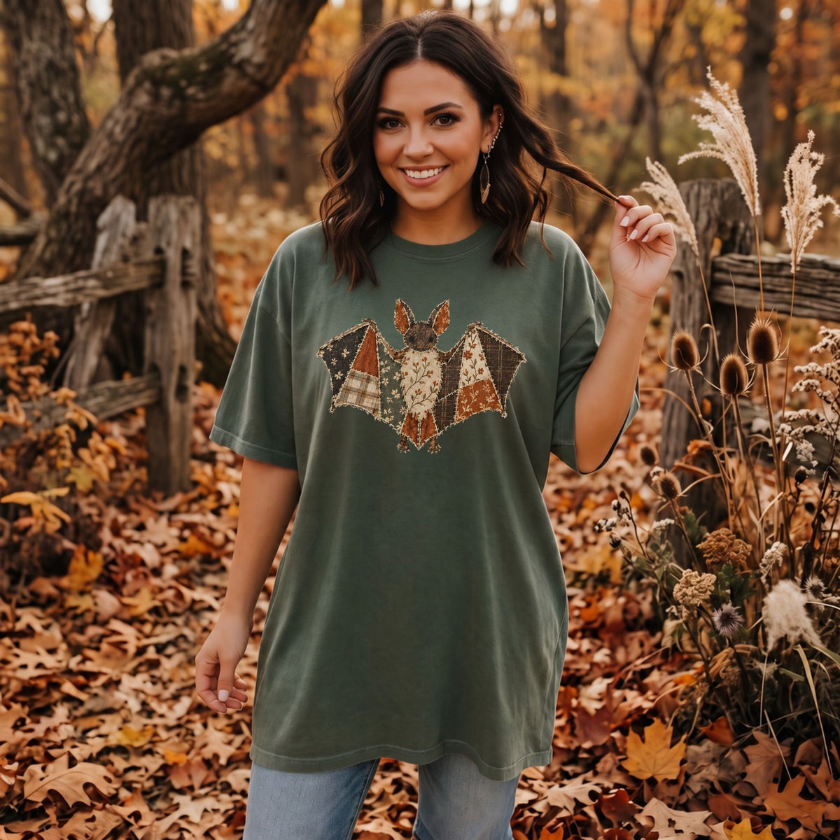 Faux Patchwork Fall Bat T-Shirt