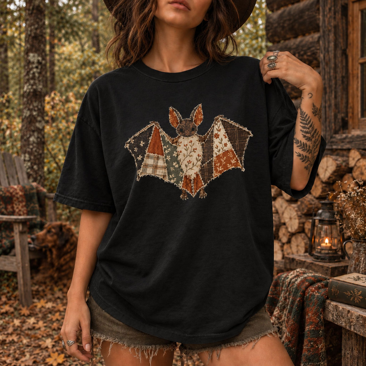 Faux Patchwork Fall Bat T-Shirt