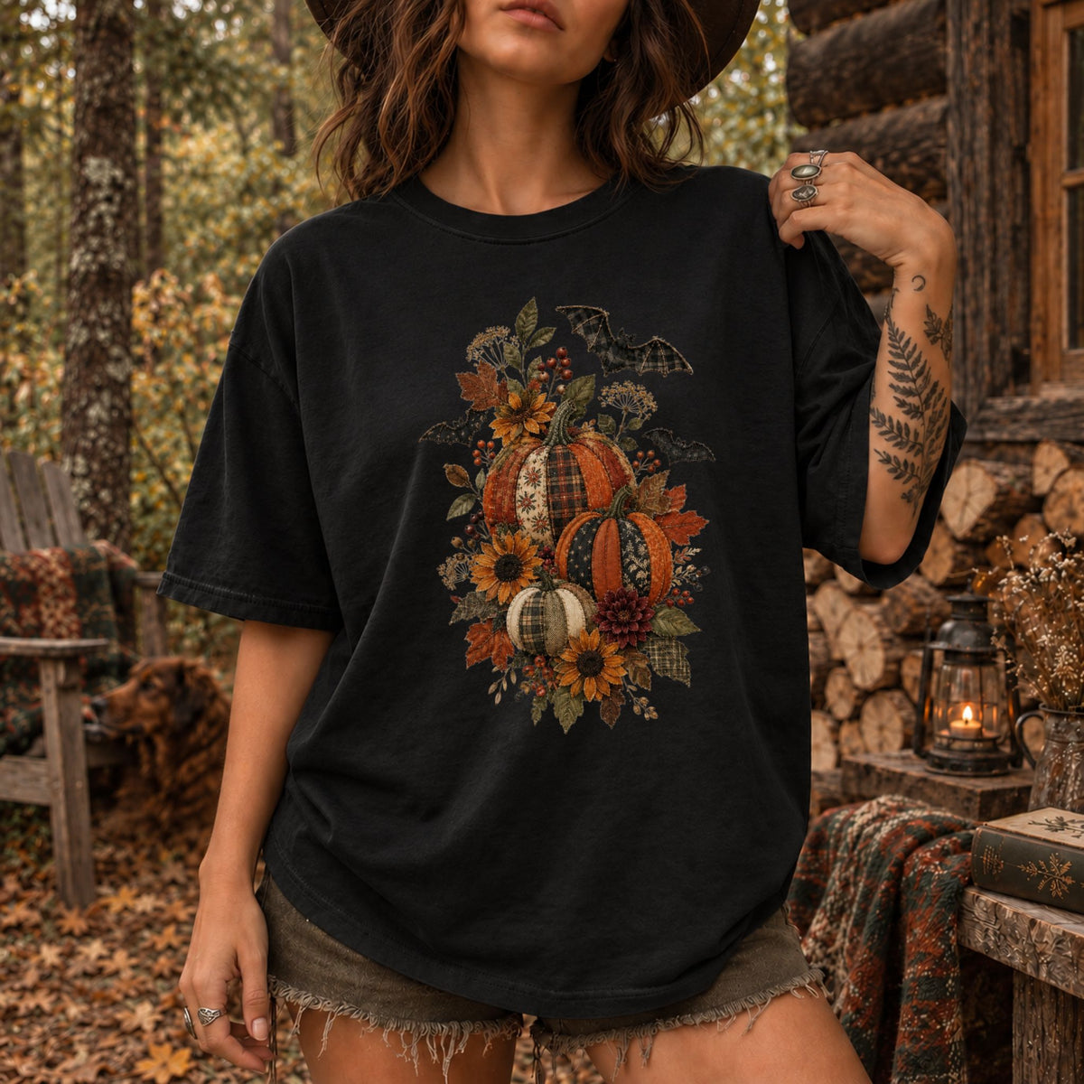 Faux Patchwork Fall Pumpkins T-Shirt