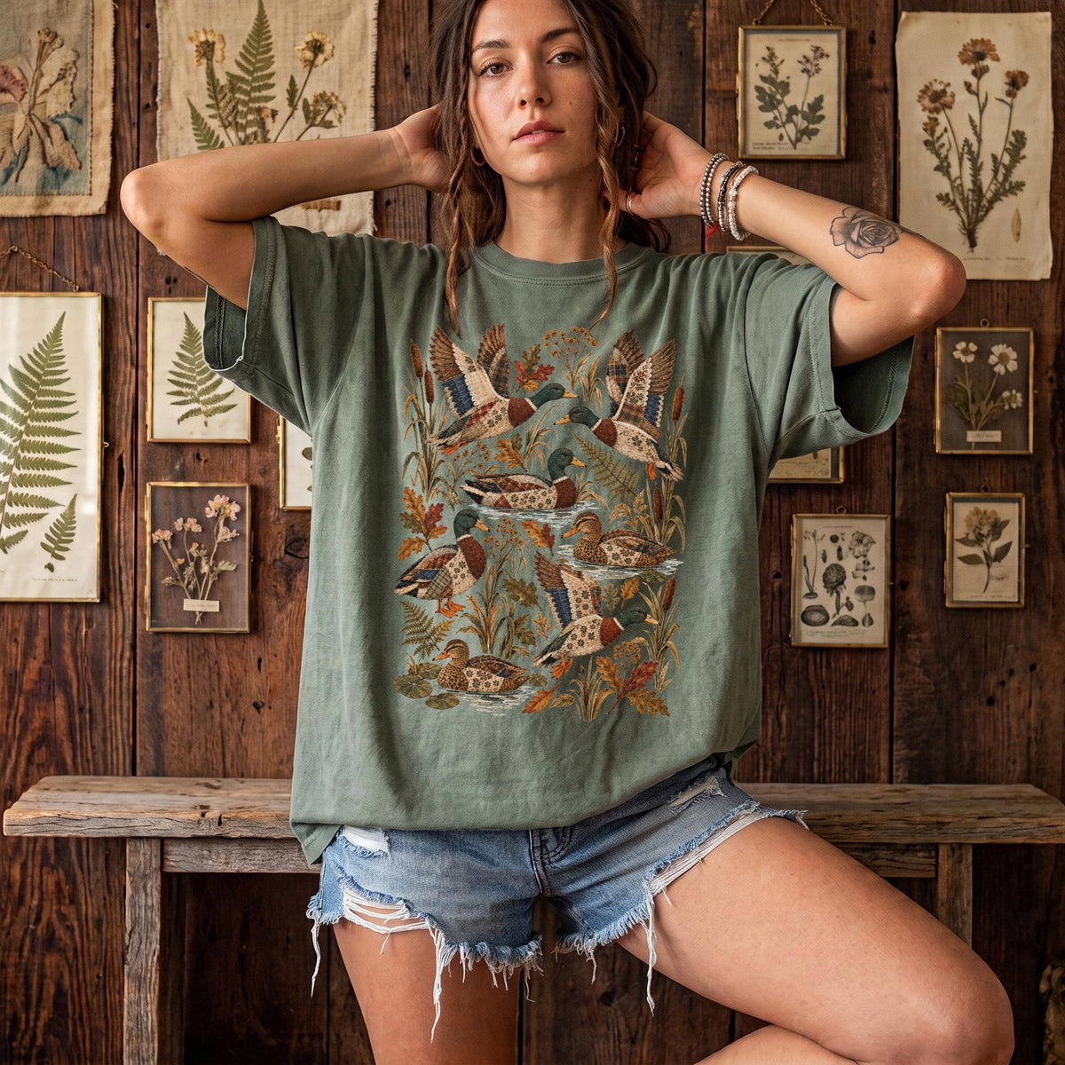 Patchwork Autumn Mallard Duck T-Shirt
