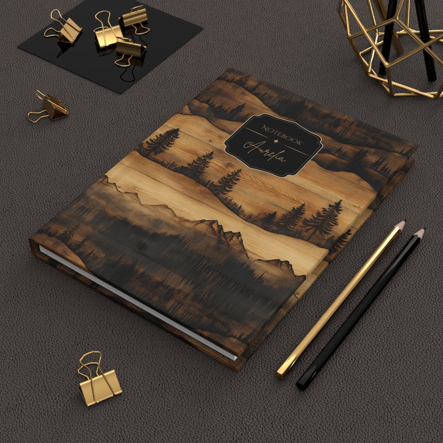 Rustic Carved Wood Mountain Hardcover Personalized Journal