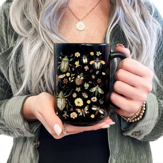 Floral Insect Black Mug
