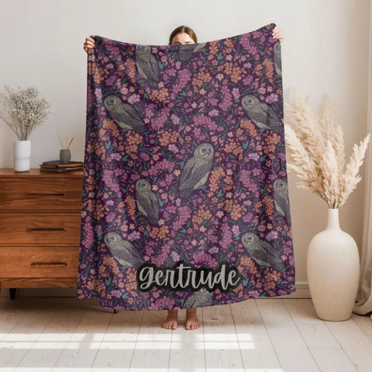 Floral Purple Owls Fleece Blanket