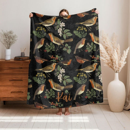 Vintage Birds Red Breasted Robin Fleece Throw Blanket With Name