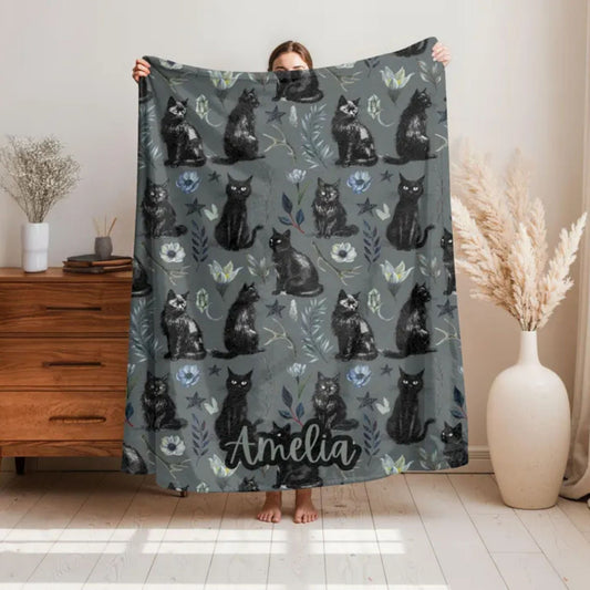 Mystical Black Cat Fleece Throw Blanket