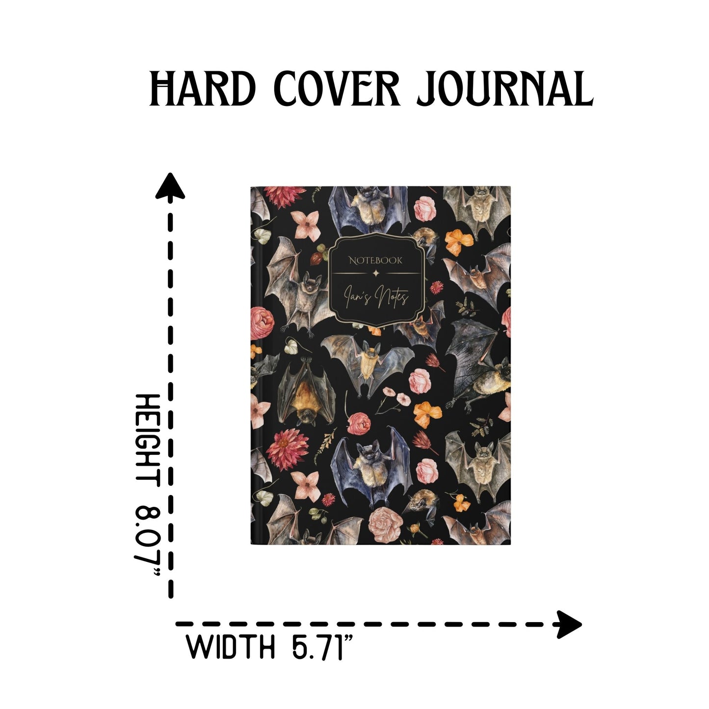 Floral Bats Watercolor Hardcover Personalized Journal