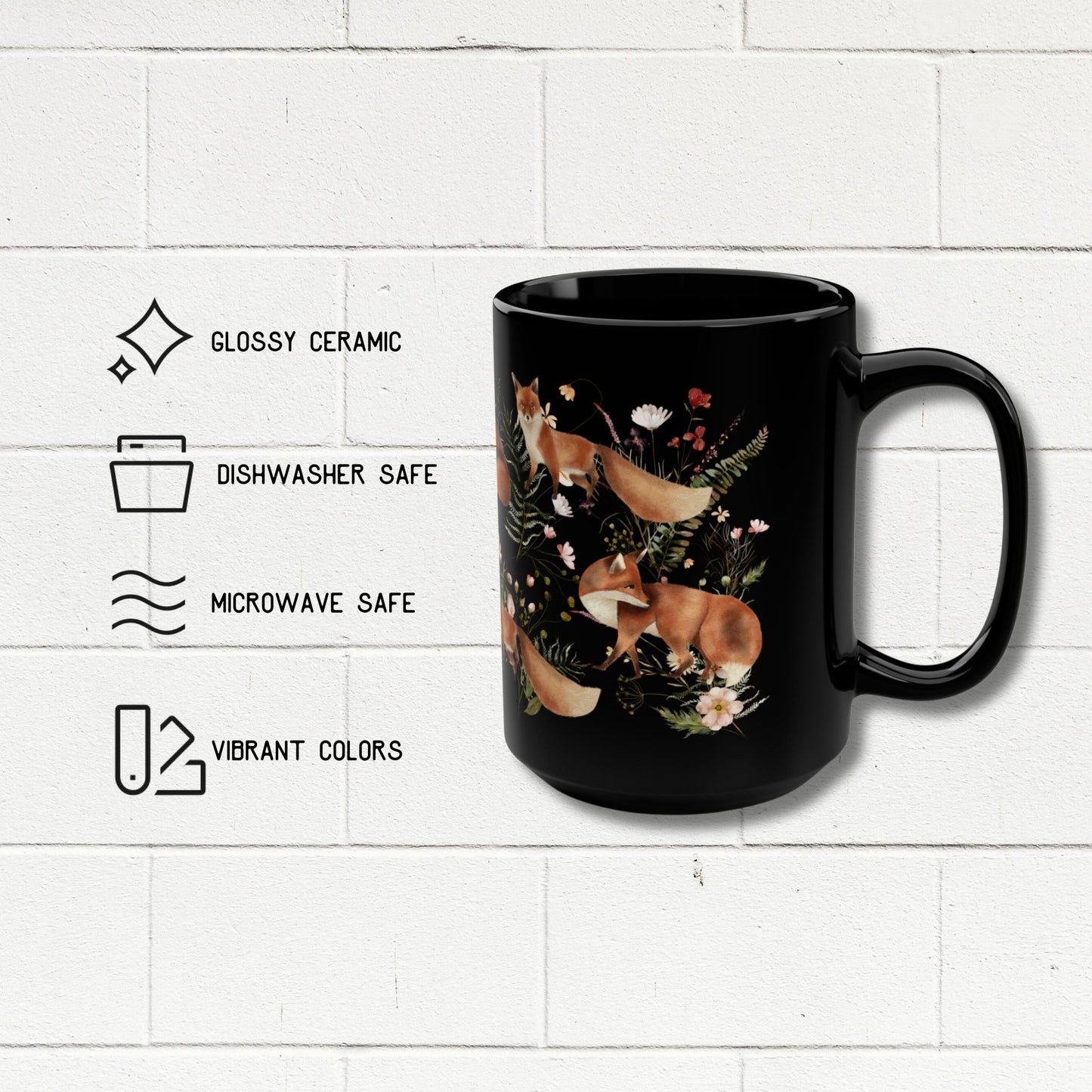 Botanical Fox 15 Ounce Black Coffee Mug