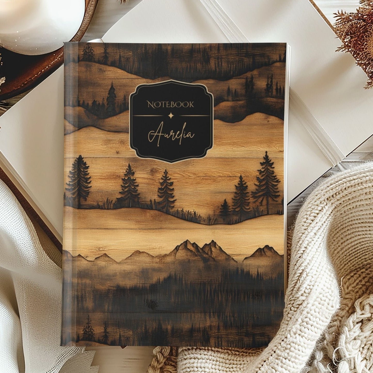 Rustic Carved Wood Mountain Hardcover Personalized Journal