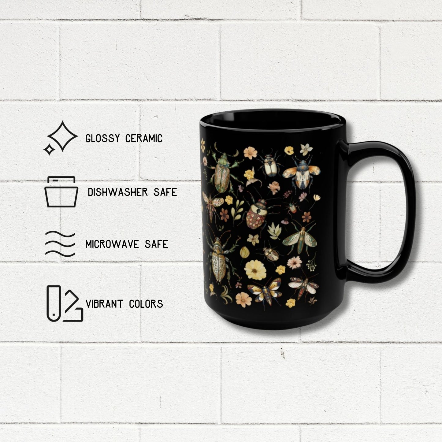 Floral Insect Black Mug