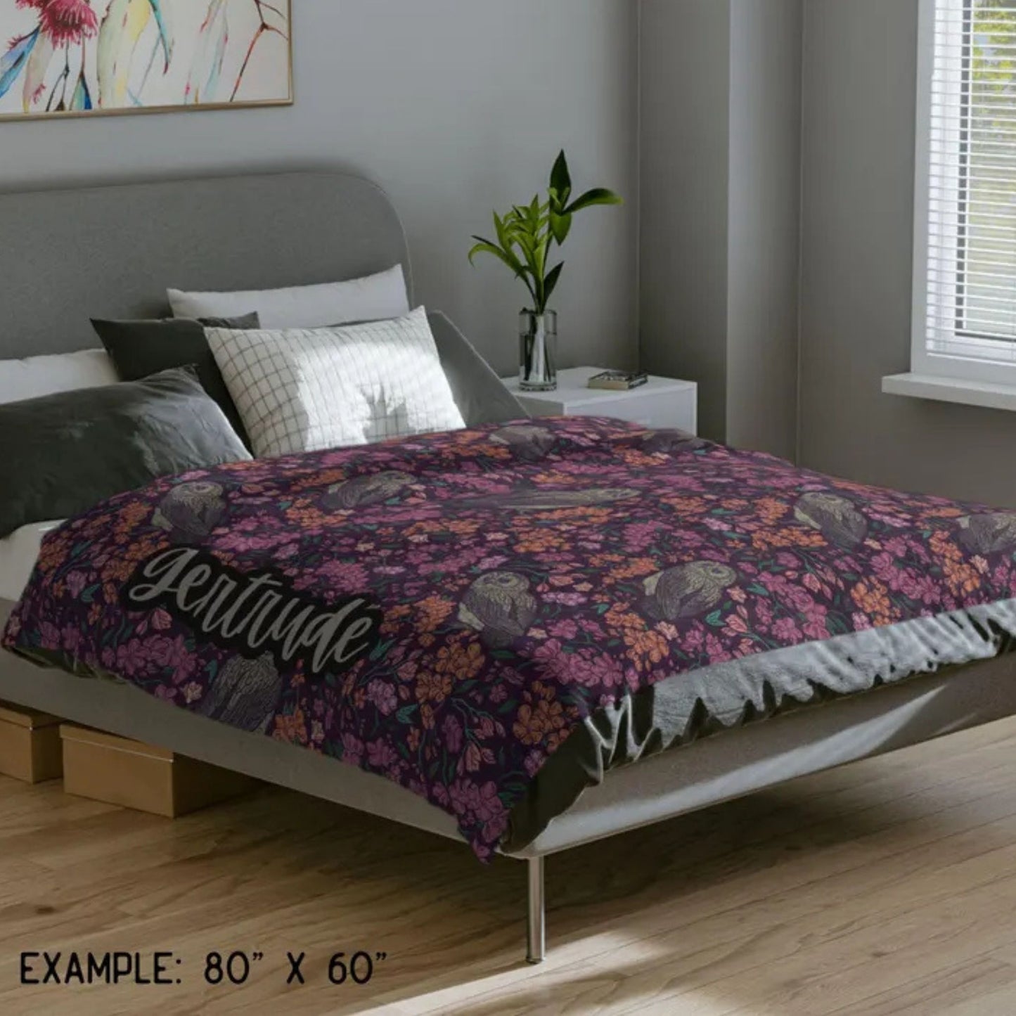 Floral Purple Owls Fleece Blanket