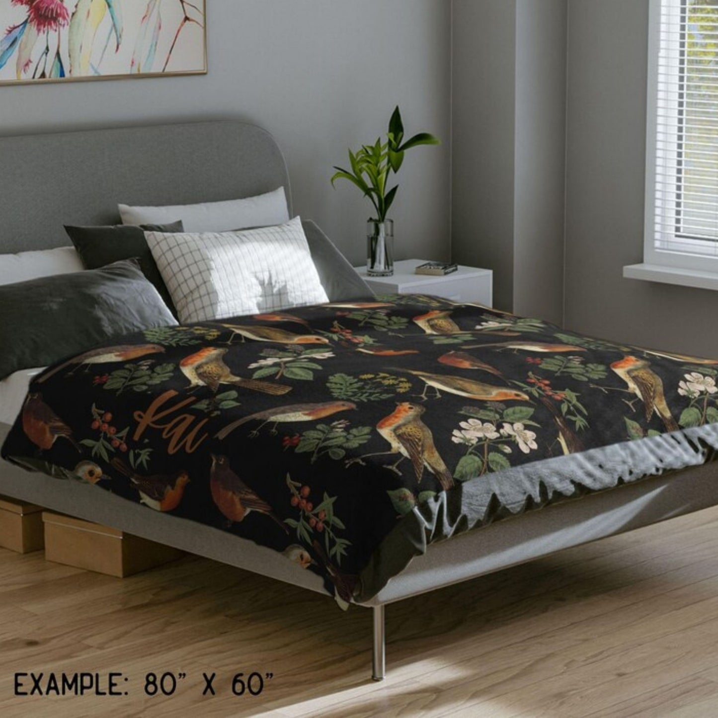 Vintage Birds Red Breasted Robin Fleece Throw Blanket With Name
