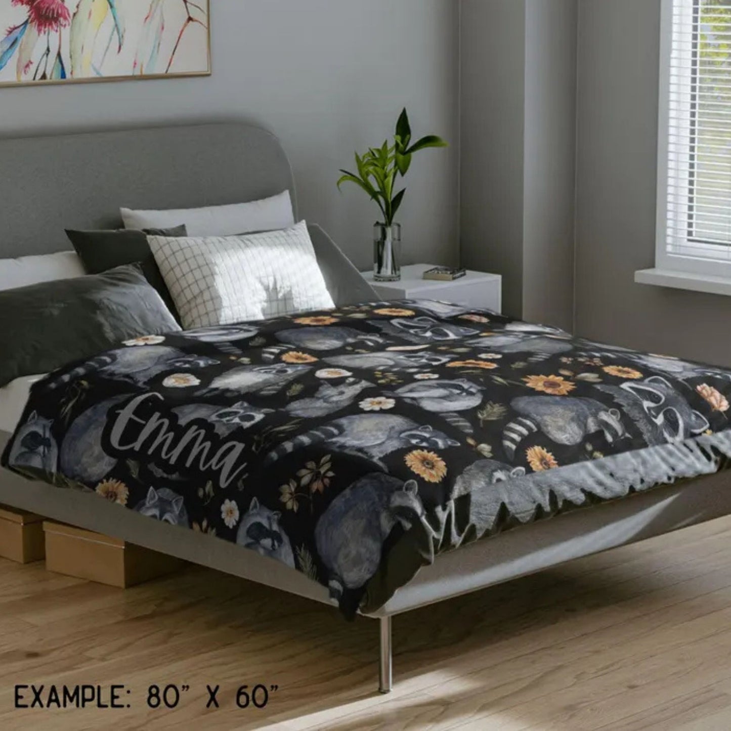 Floral Raccoon Velveteen Fleece Blanket