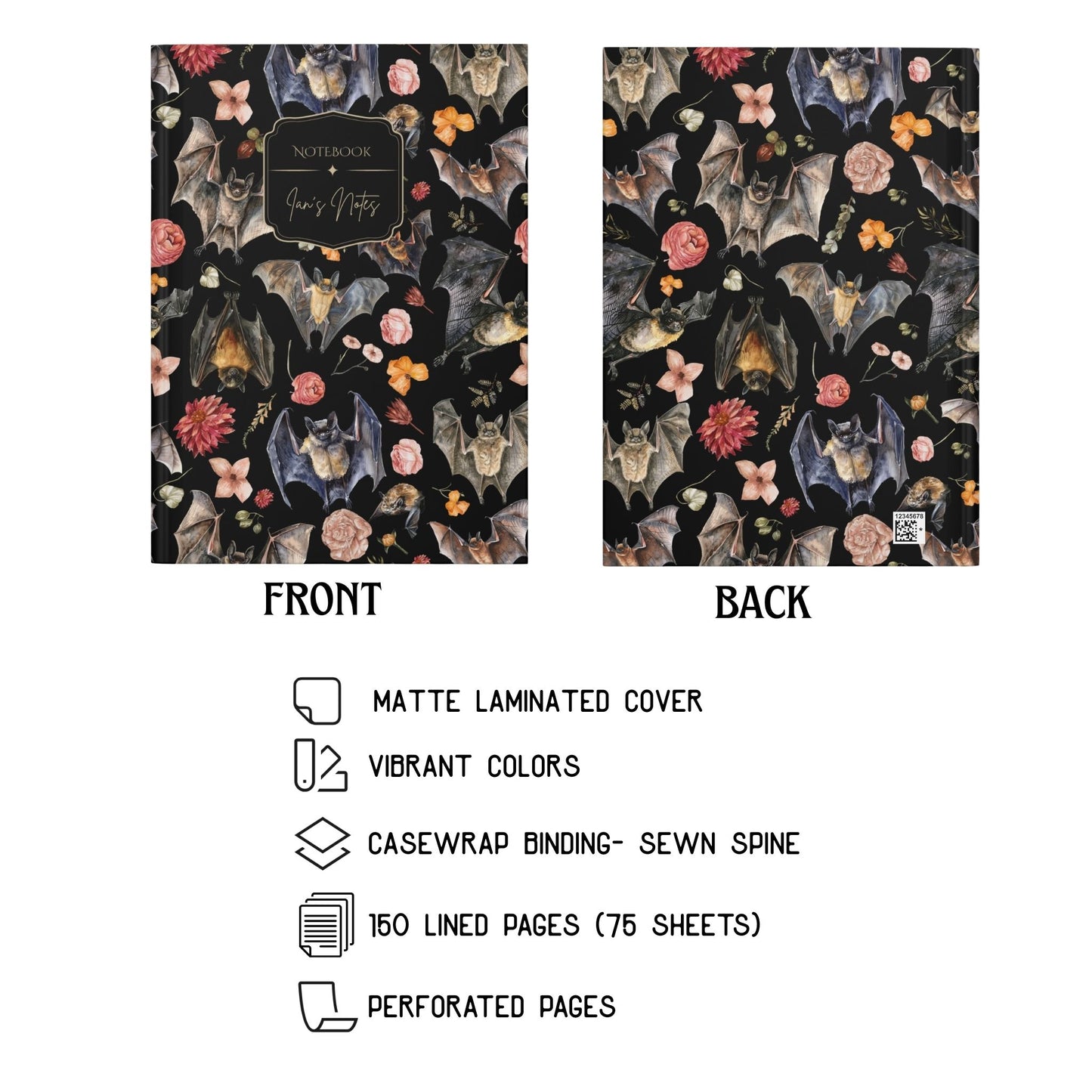 Floral Bats Watercolor Hardcover Personalized Journal