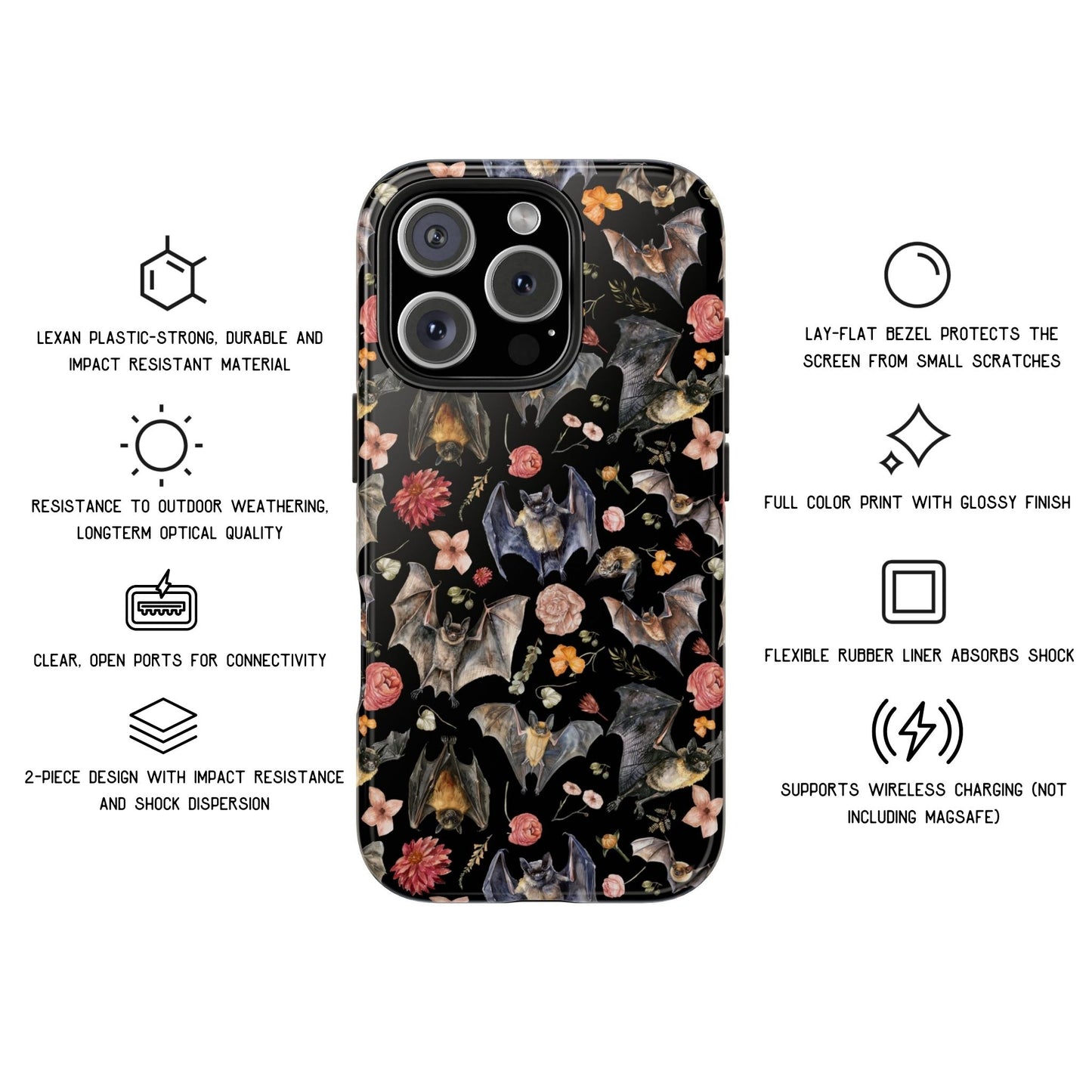 Floral Watercolor Bats Tough Phone Case