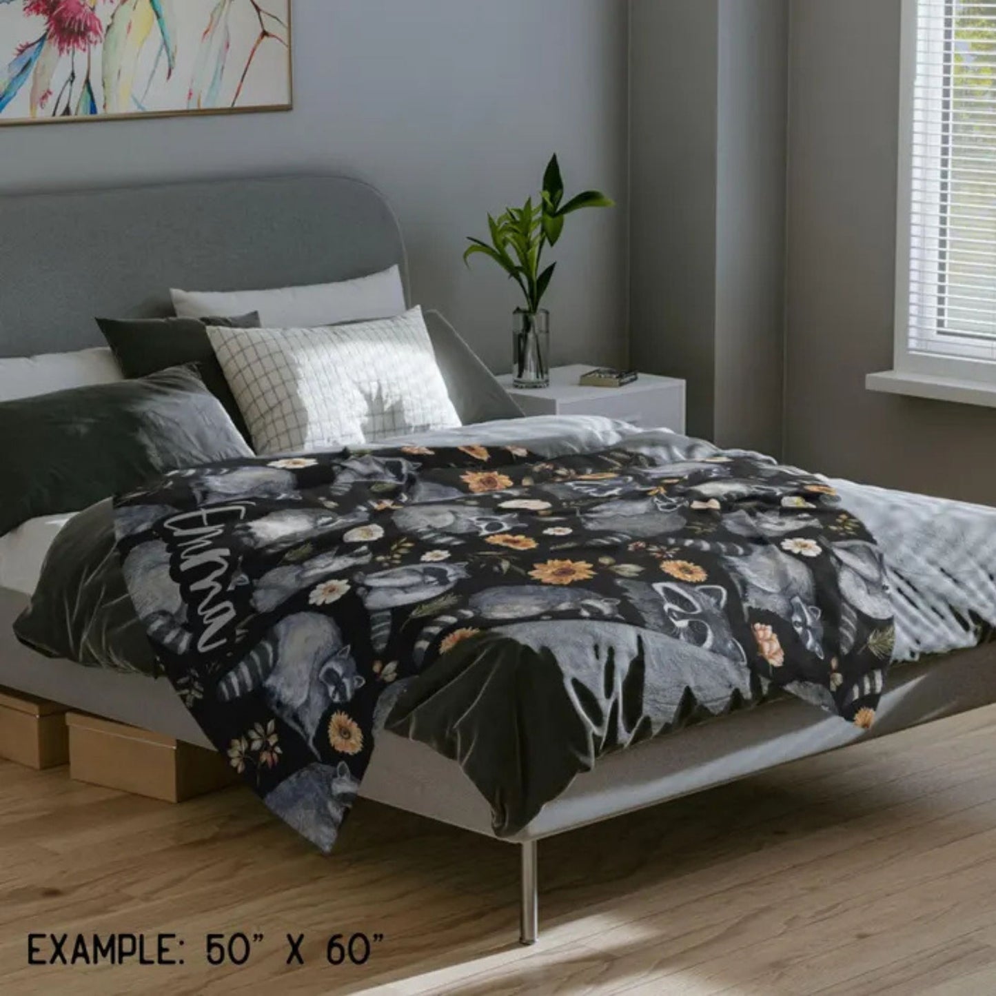 Floral Raccoon Velveteen Fleece Blanket