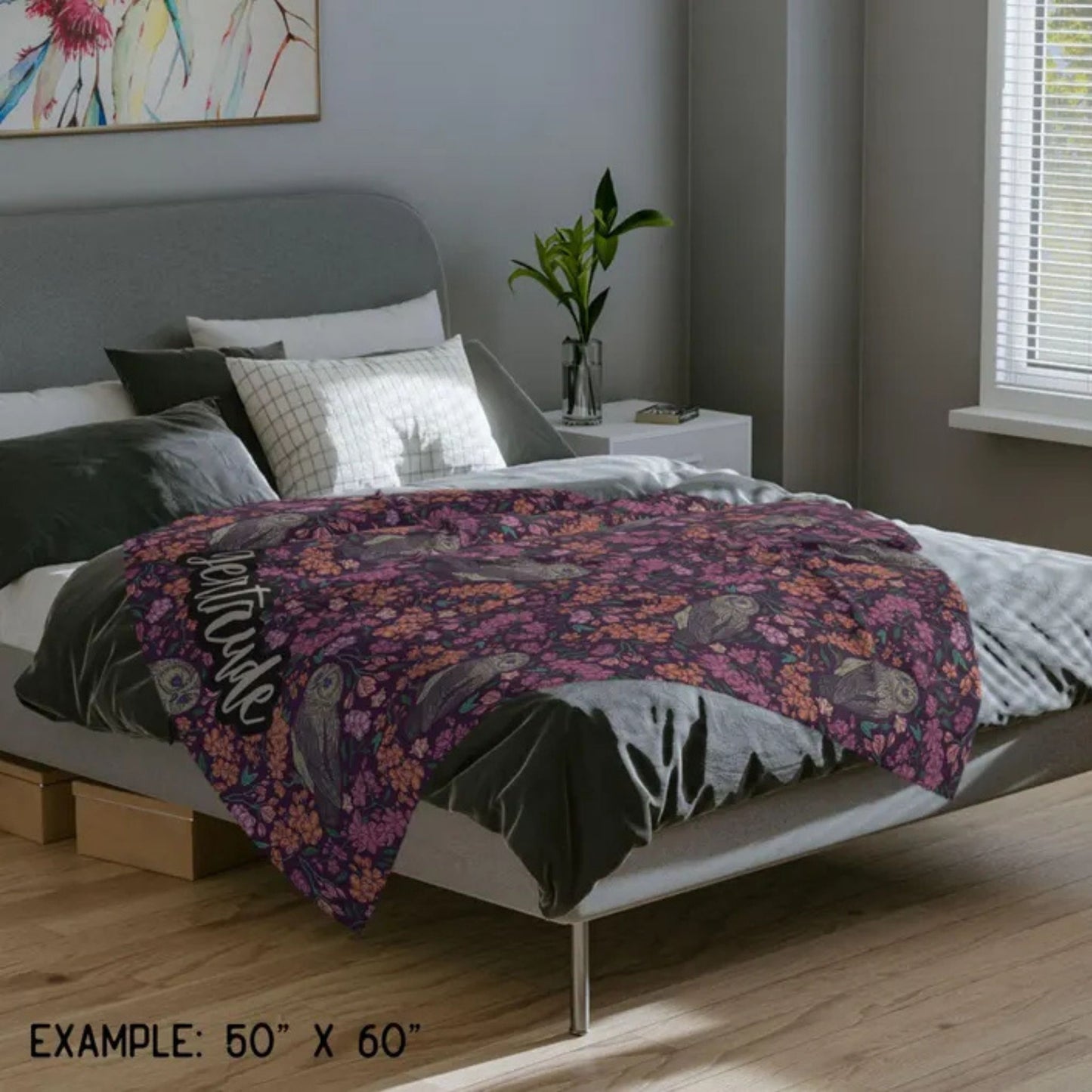 Floral Purple Owls Fleece Blanket