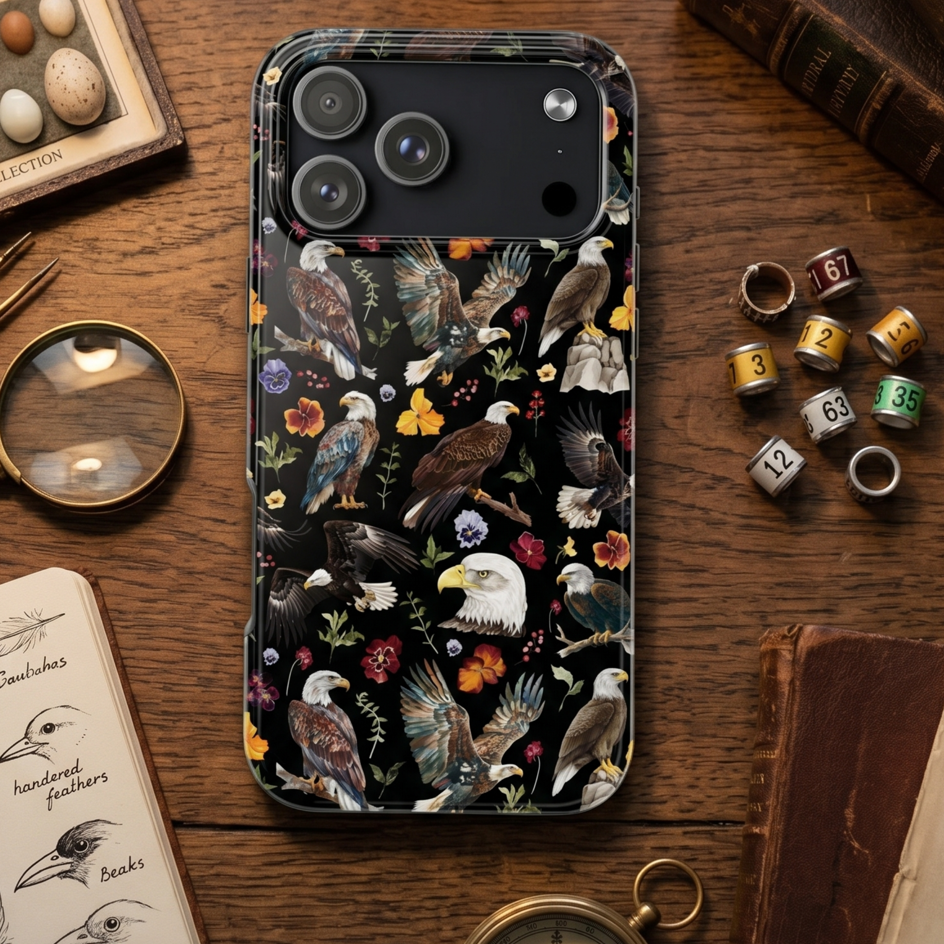 Phone case with eagle and floral design on a wooden surface with books and dice.