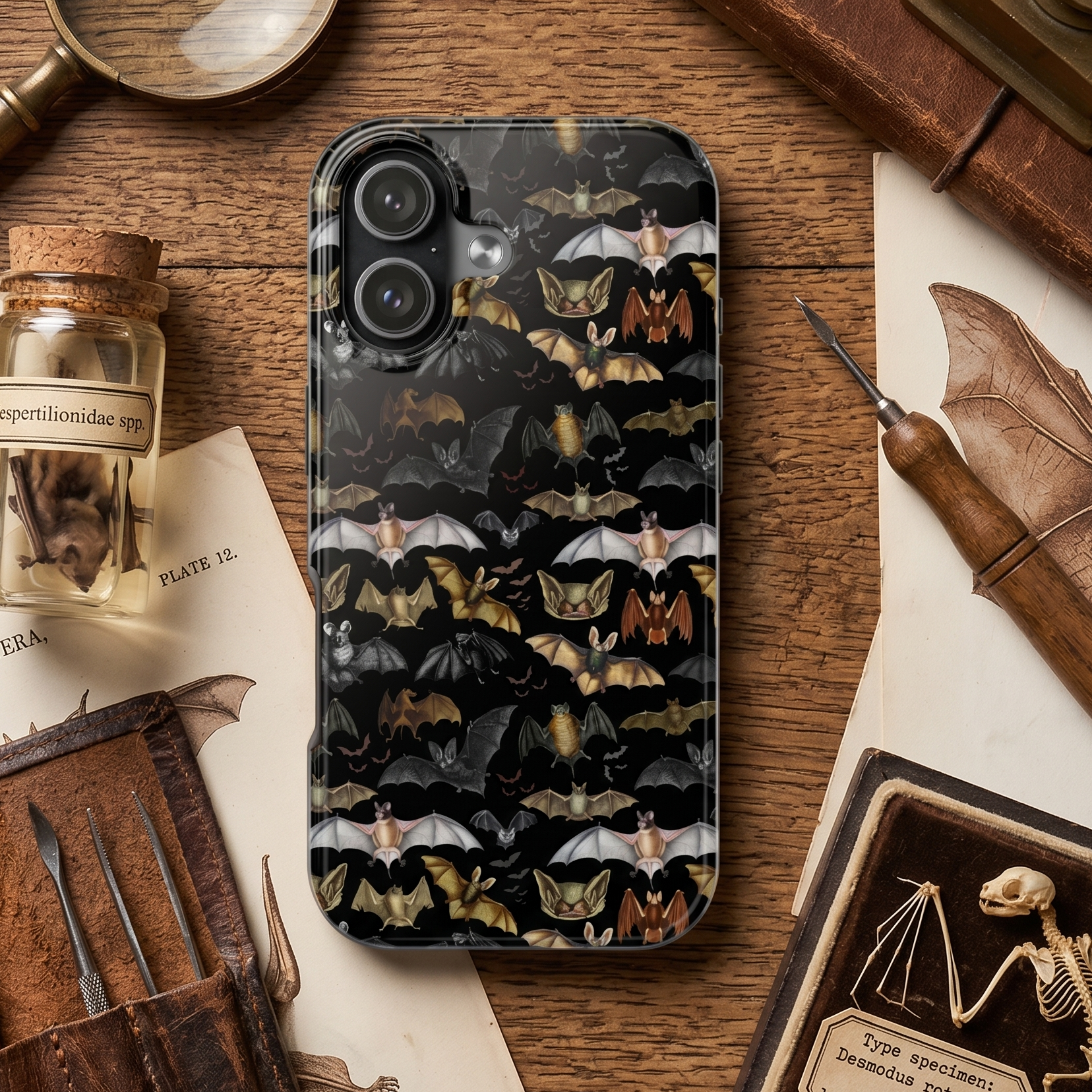 Phone case with bat design on a wooden surface with vintage items