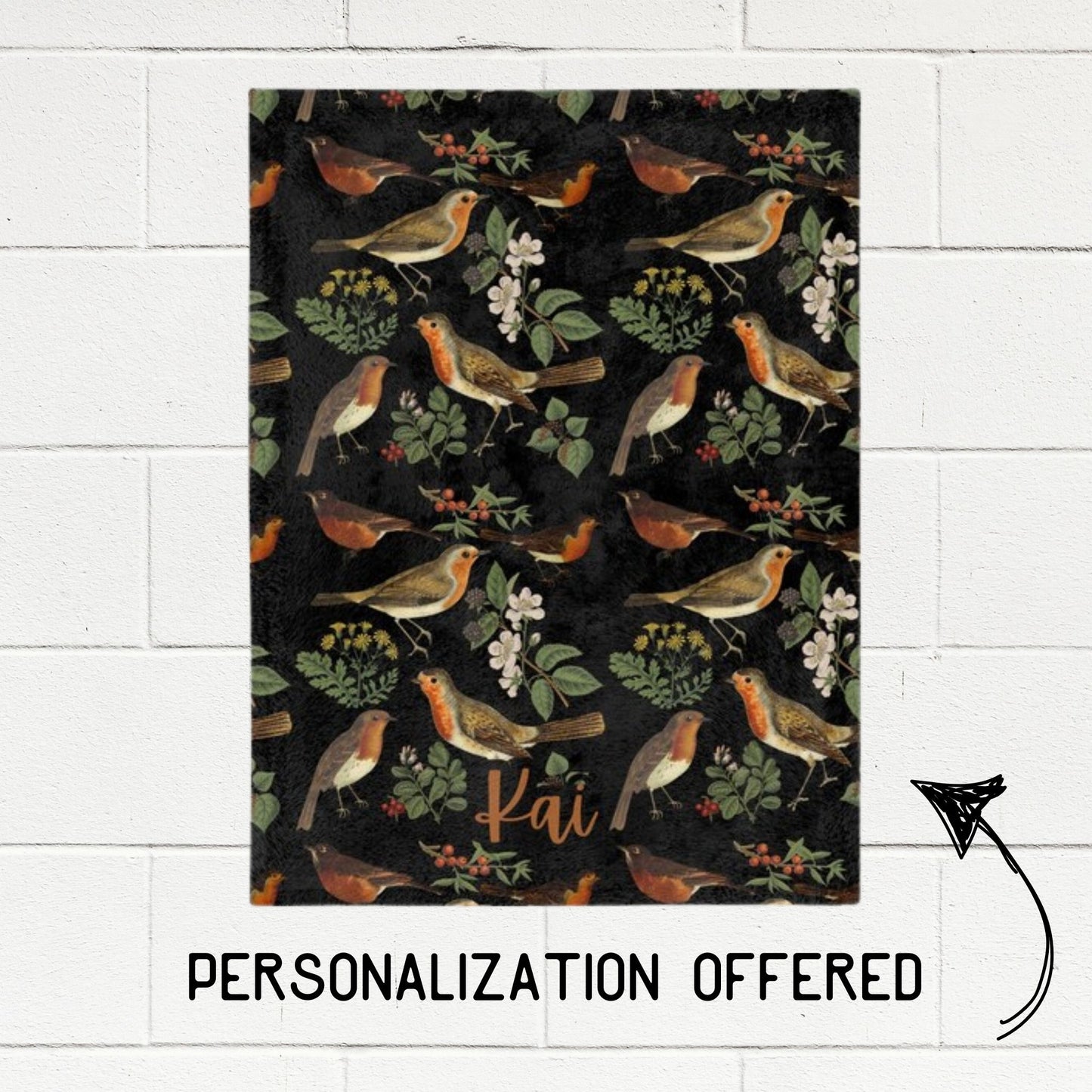 Vintage Birds Red Breasted Robin Fleece Throw Blanket With Name