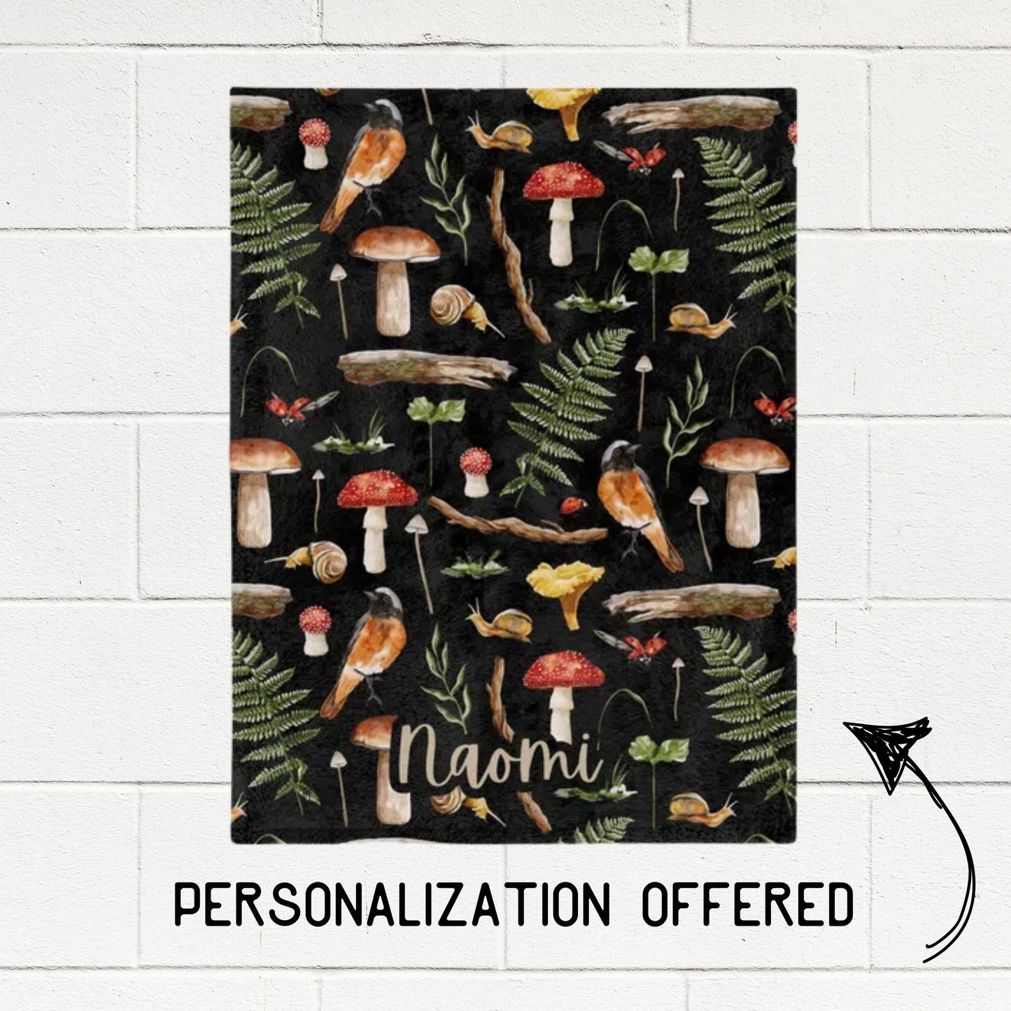 Woodland Forest Mushroom Fleece Throw Personalized
