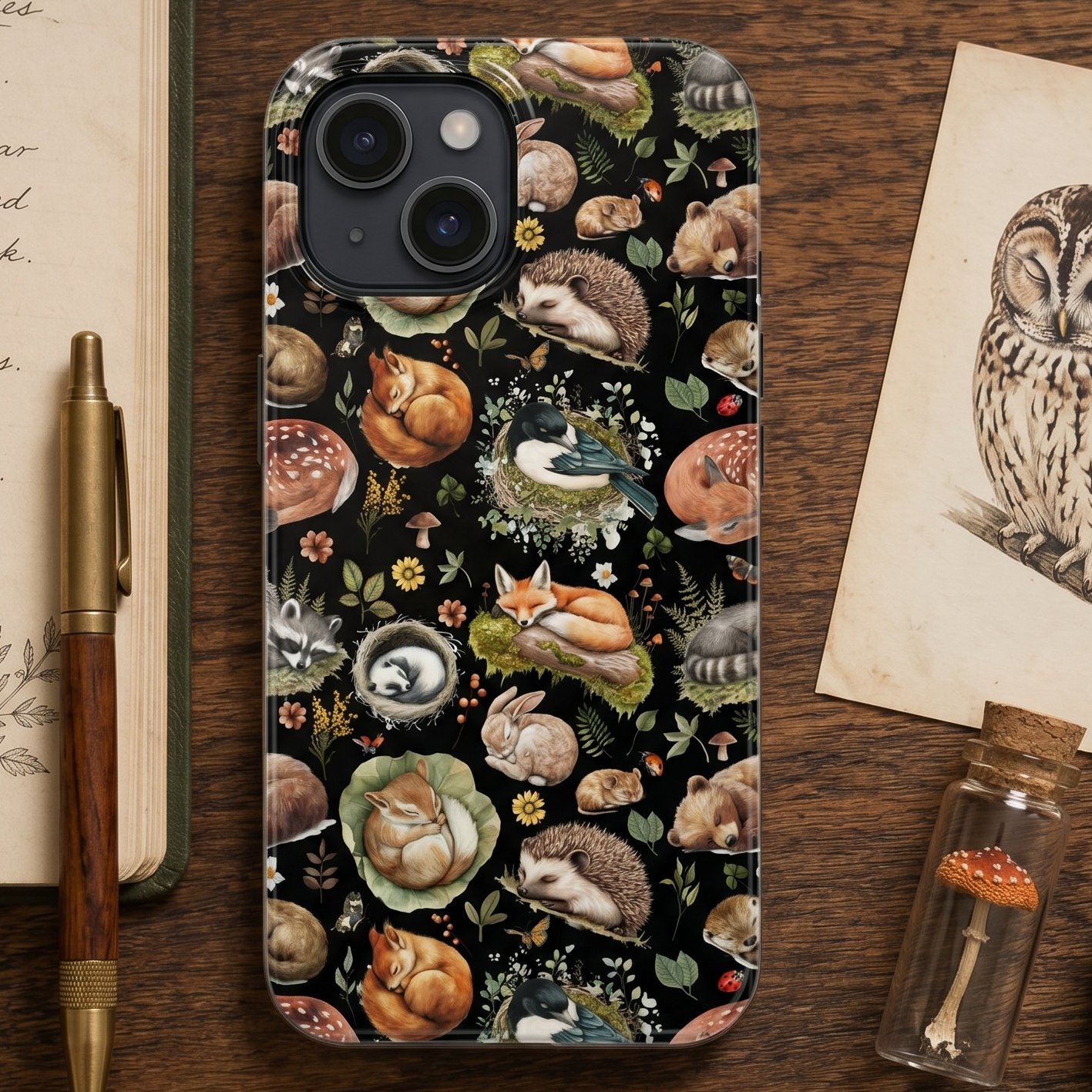 Phone case with woodland animals design on a wooden surface with notebook and owl illustration.