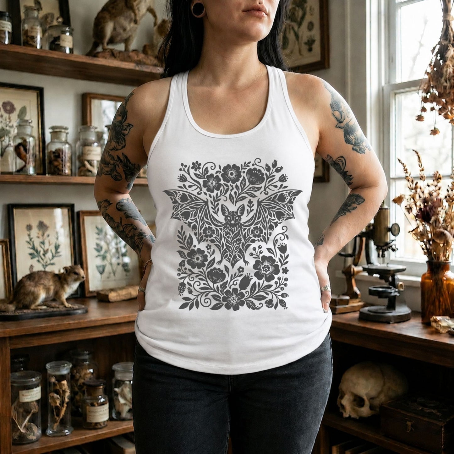Linocut Floral Bat Racerback Tank Top