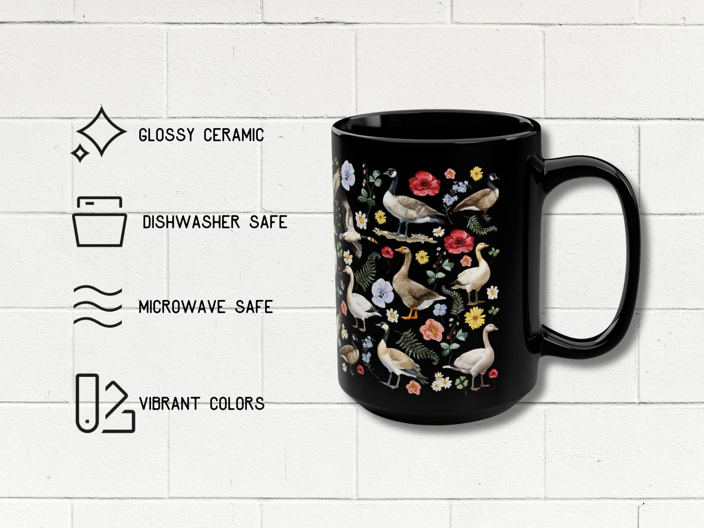 Floral Goose 15 Ounce  Black Mug