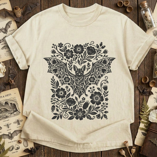 Bat Linocut Flowers T-Shirt