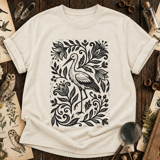 Linocut Floral Stork Bird T-Shirt