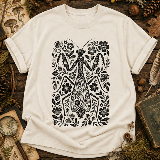 Linocut Praying Mantis Flowers T-Shirt