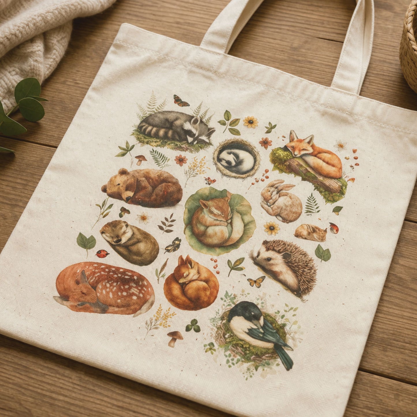 Woodland Sleeping Animals Canvas Tote Bag