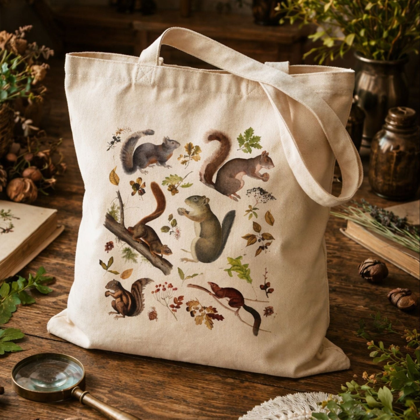 Vintage Woodland Squirrel Canvas Tote