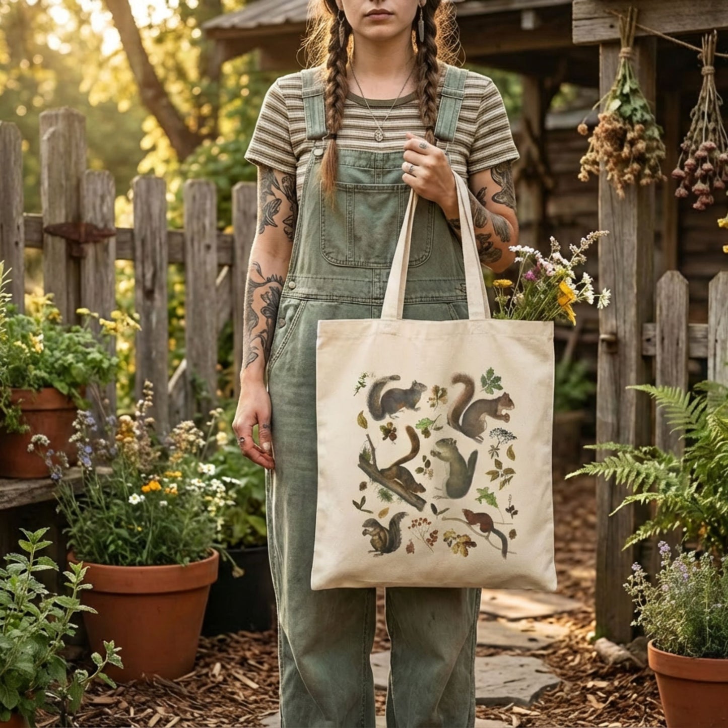 Vintage Woodland Squirrel Canvas Tote