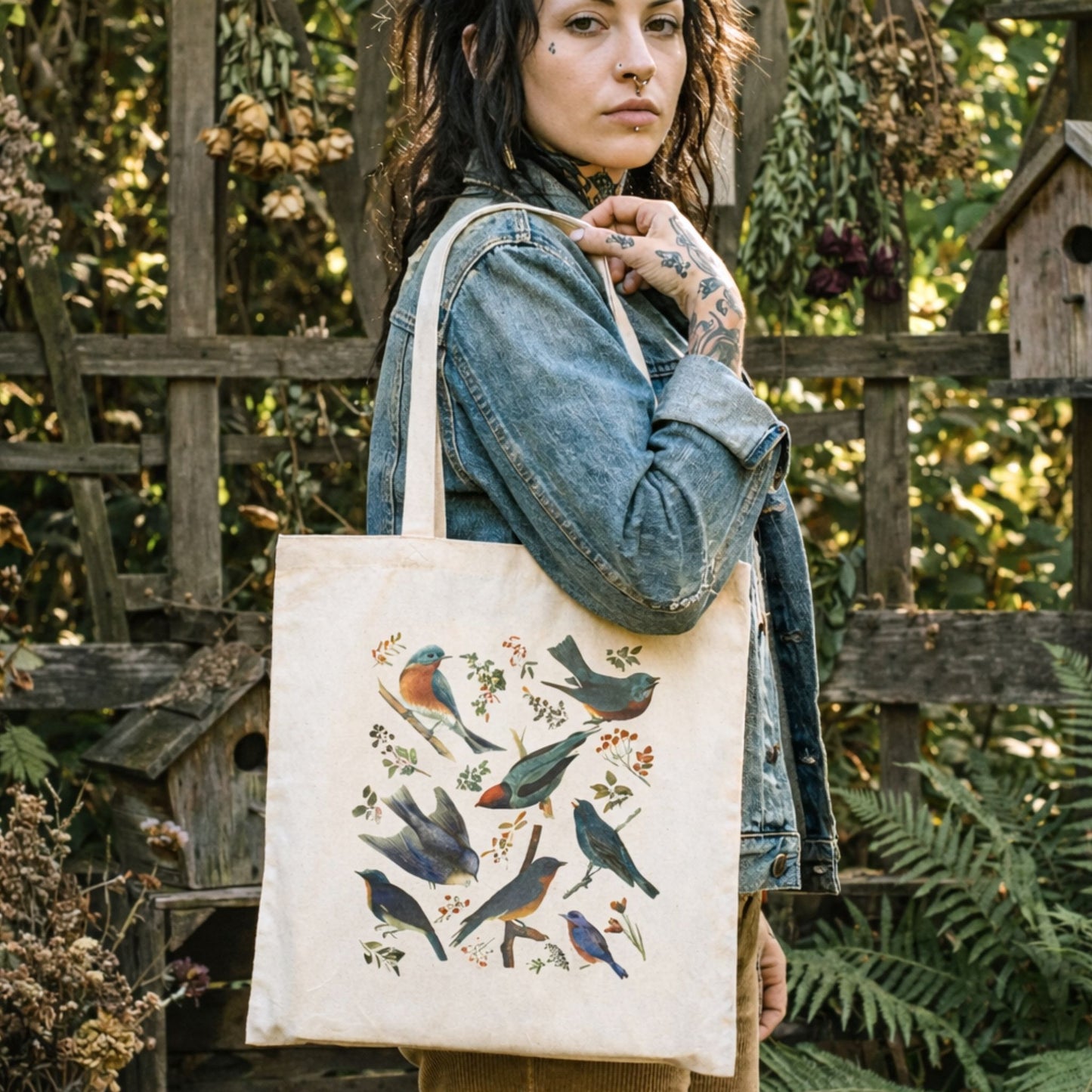 Vintage Blue Birds Canvas Tote