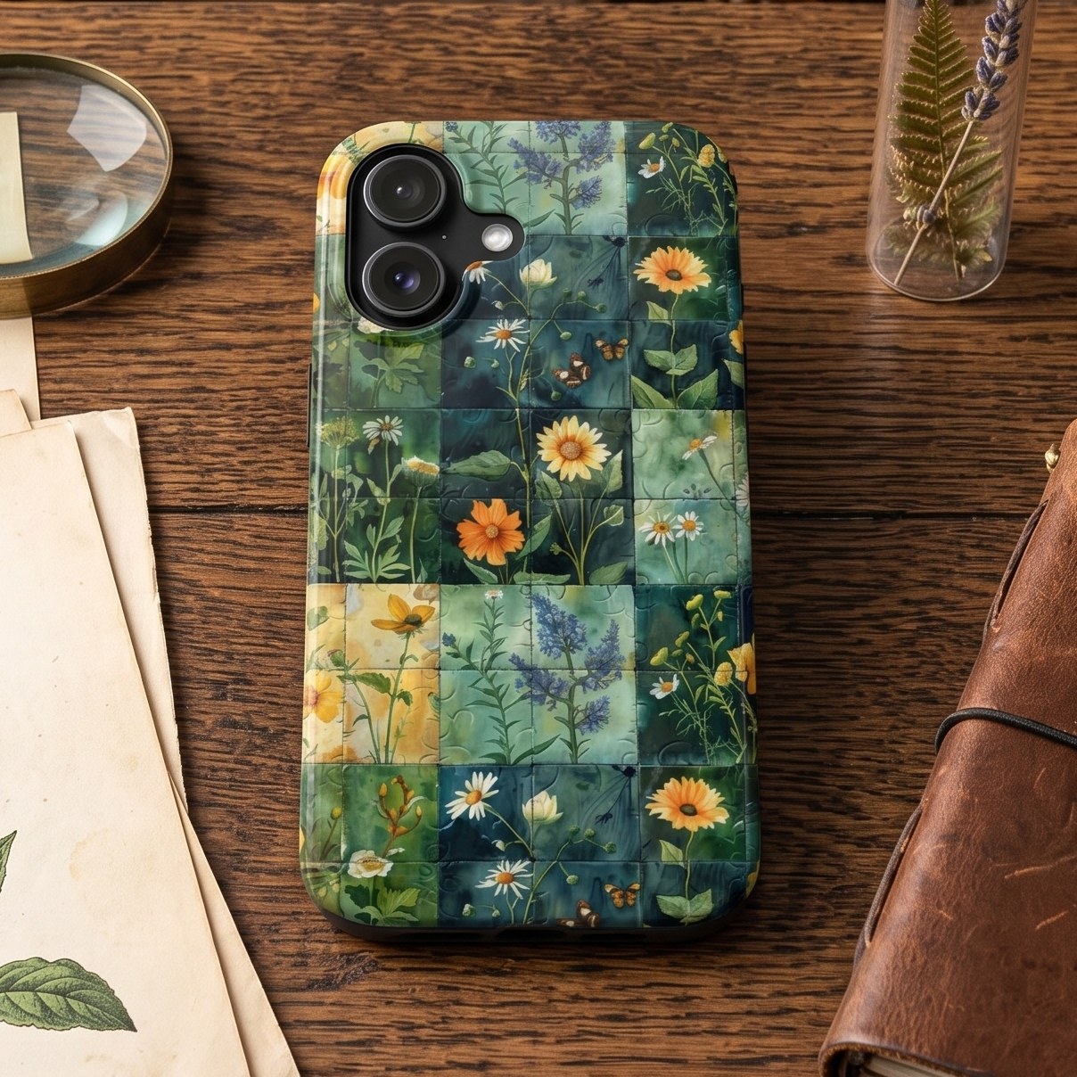 Phone case with floral pattern on a wooden table with books and a magnifying glass.