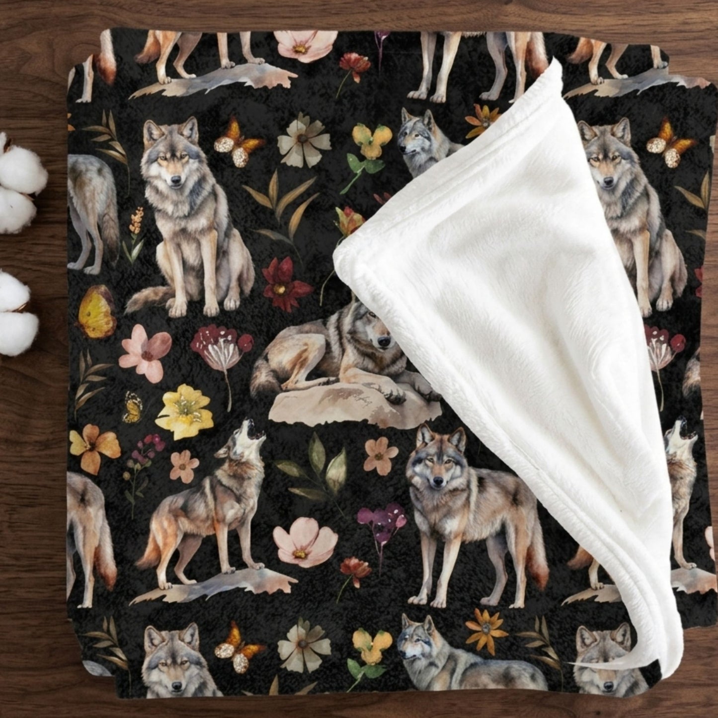 Floral Wolf Velveteen Blanket
