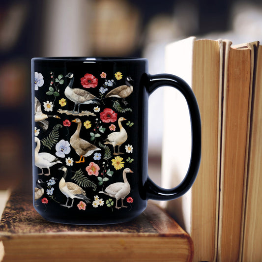 Floral Goose 15 Ounce  Black Mug
