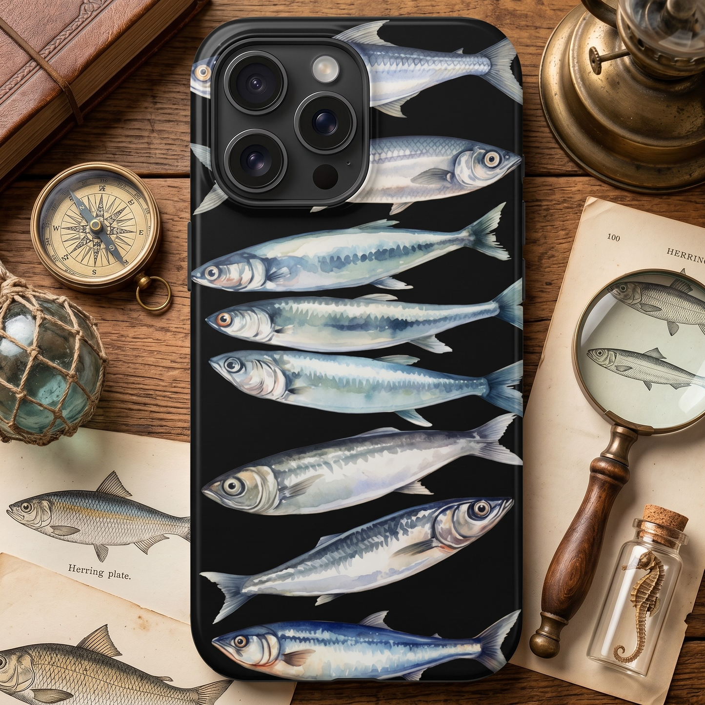 Phone case with sardine design on a wooden surface with nautical items