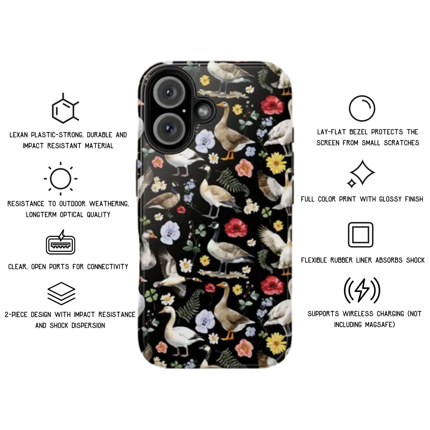 Floral Goose Whimsical Tough Phone Case