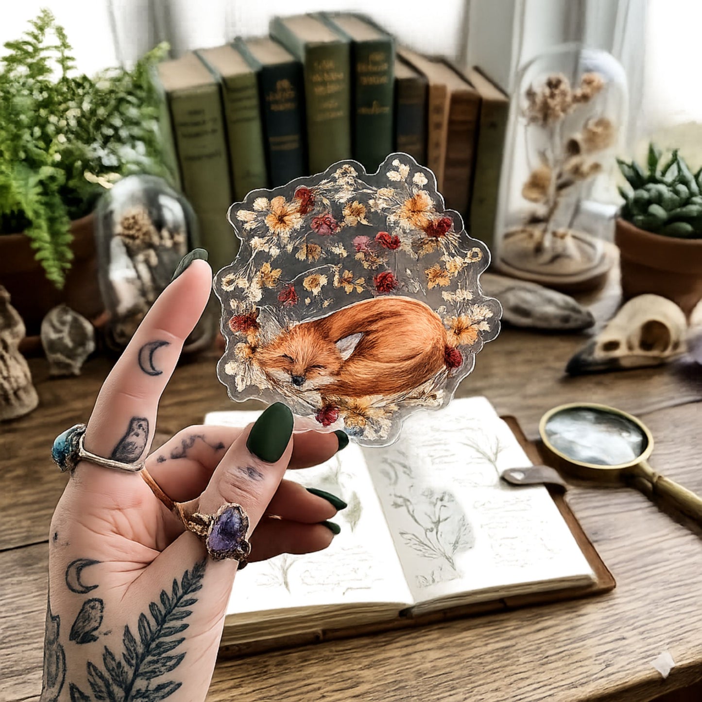 Floral Fox Clear Die Cut Sticker