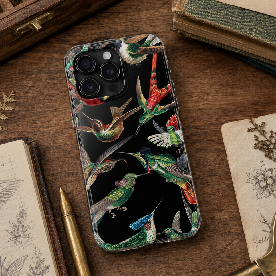 Phone case with colorful bird design on a wooden surface with books and stationery.