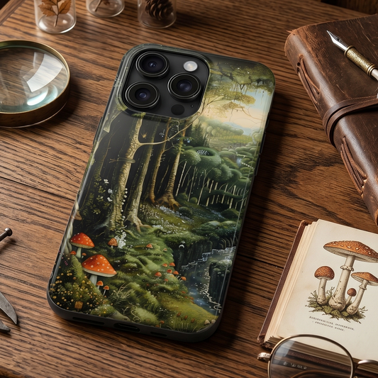 Phone case with forest design on a wooden table with magnifying glass, notebook, and books.