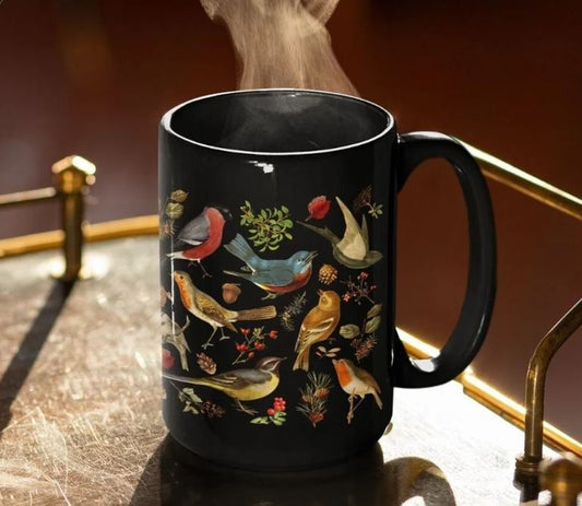 Black mug with bird design