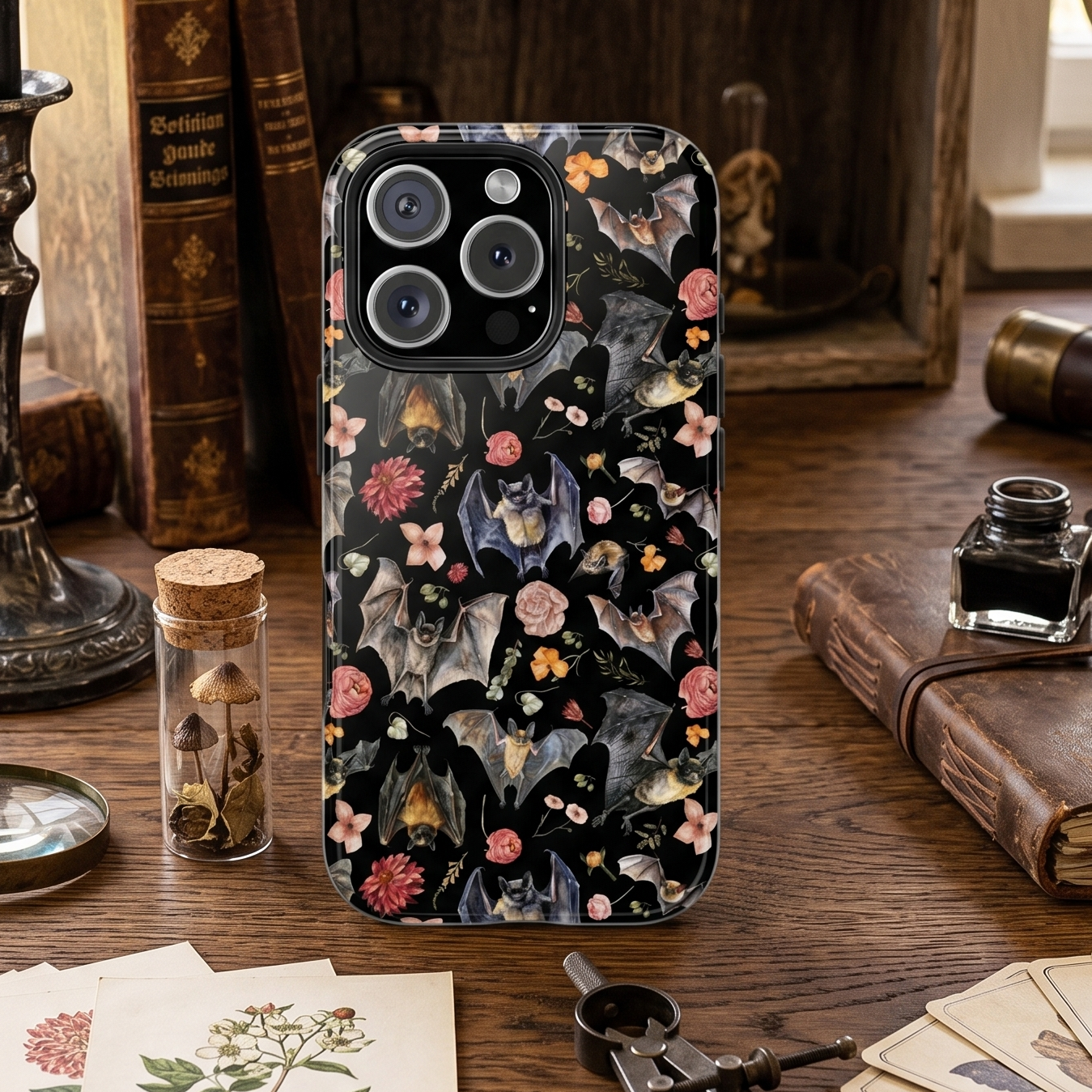 Phone case with nature-themed design on a desk with books and stationery